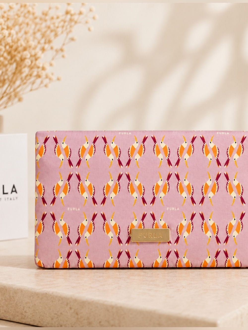 Furla Pink Bird Print Wallet Clutch Gold Logo Continental Wallet - Picture 1 of 2